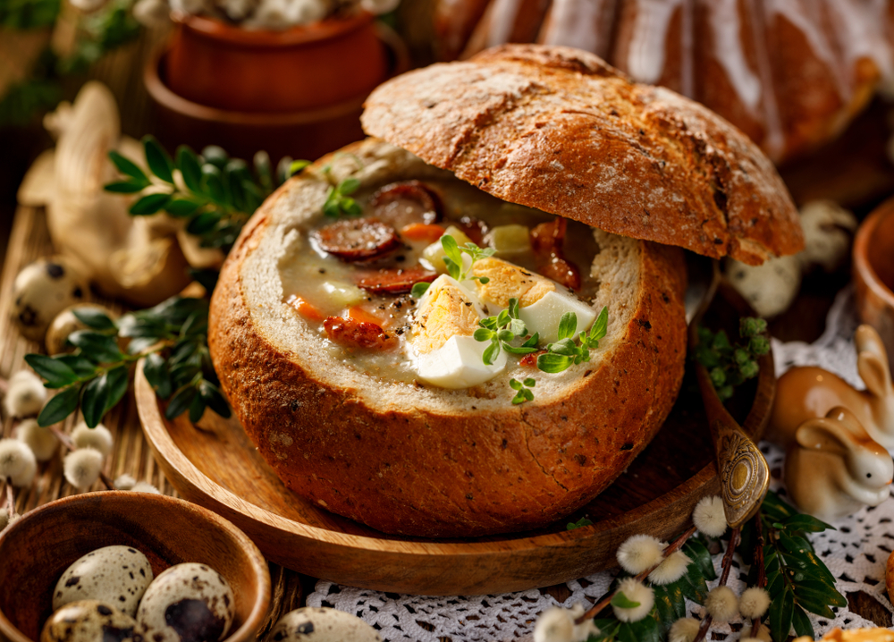 polish food: sour rye soup in bread